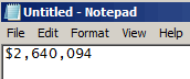 Notepad, displaying the copied revenue amount ($2,640,094)