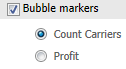 Bubble markers layer, showing Count Carriers and Profit metrics