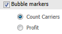 "Count Carriers" (キャリア数) メトリックおよび "Profit" (利益) メトリックを示す、バブル マーカー レイヤー