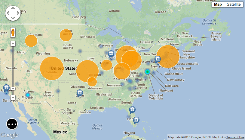 Widget de mapa exibindo mapa de densidade, marcadores de bolha e marcadores de imagem