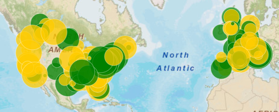 Exemplo de um mapa de Widget com marcadores de bolha coloridos