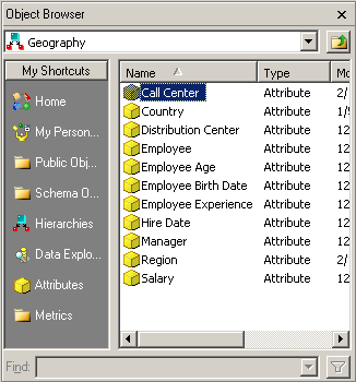 Object Browser displaying the attributes in the Geography hierarhcy, as well as shortcuts