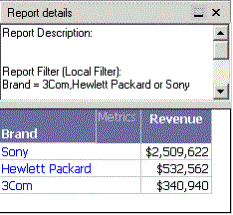 Report details pane displays "Report Filter (Local Filter): Brand = 3Com,Hewlett Packard, or Sony"