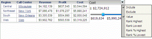 Metric slider selector with drop-down menu