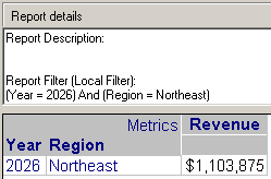 Same report, filtered on 2006 and Northeast (1 row)
