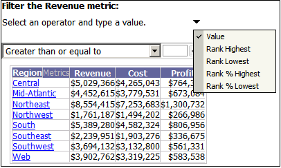 Metric condition selector with drop-down menu