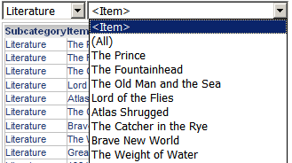 Subcategory selector=Literature, Item selector displaying all Literature books