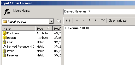 Input Metric Formula dialog box