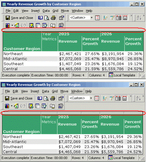 Two reports, one without column handles and one with